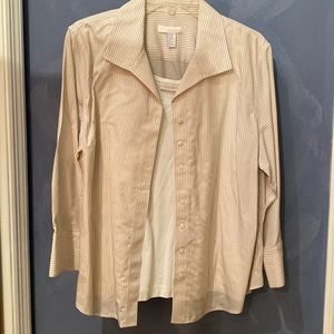 Chico’s khaki and white striped 3/4 sleeve cotton button down shirt w/shell sz3